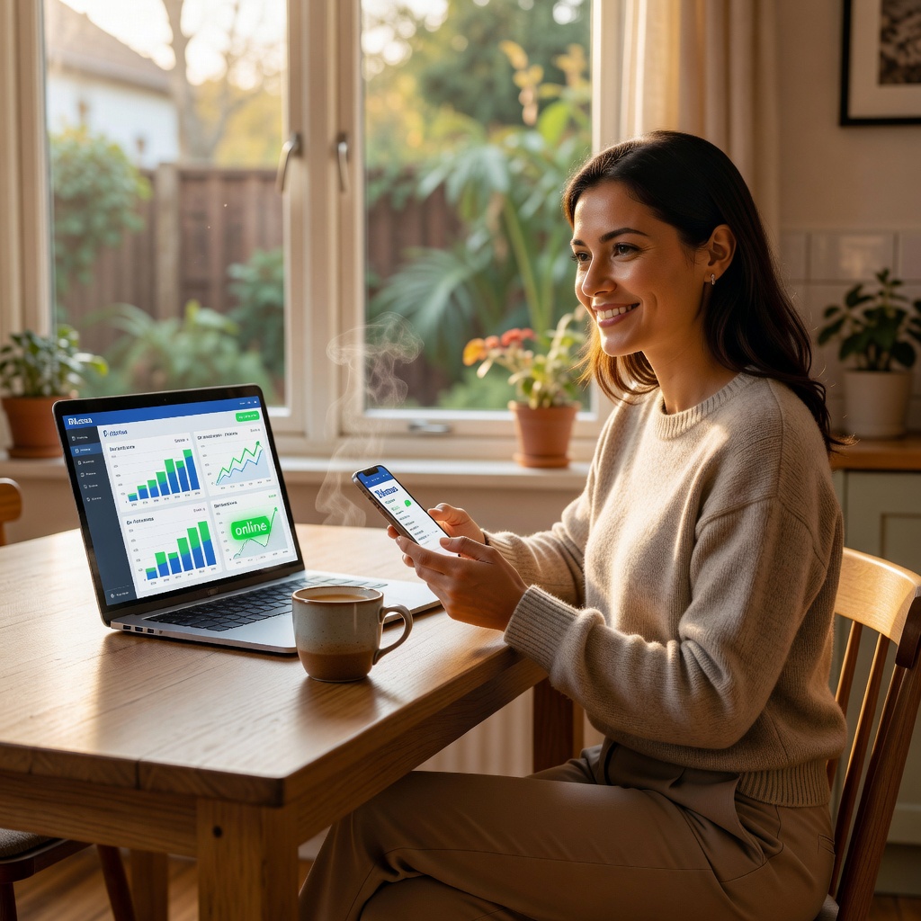 Ondernemer die op tablet werkt vanaf huis of café, scherm toont Rkassa dashboard met omzetgegevens en voorraadstatus, flexibele werkomgeving illustrerend de vrijheid van cloud-technologie