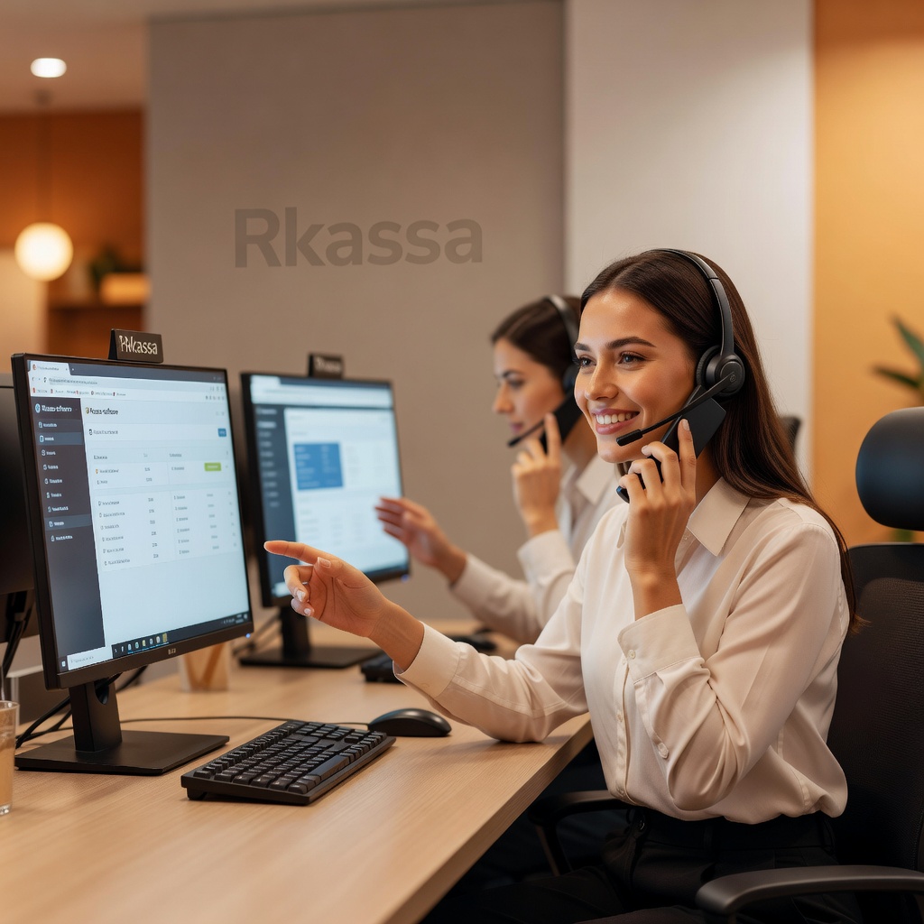Supportmedewerker van Rkassa in gesprek met klant via telefoon en computerscherm, professionele kantooromgeving met meerdere monitors tonend klantdata, warme en hulpvaardige sfeer van persoonlijke service