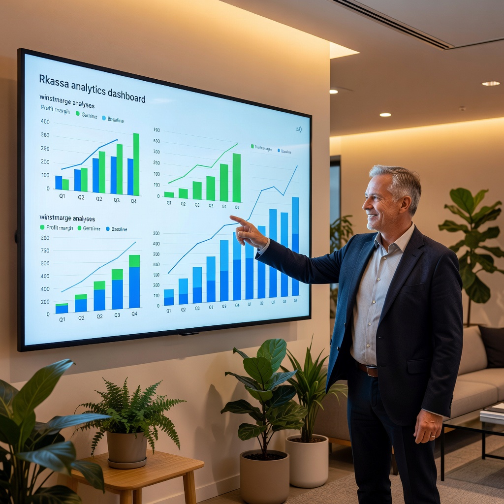 Rkassa analytics dashboard op groot scherm toont kleurrijke grafieken, vergelijkingen tussen periodes en winstmarge analyses, moderne kantooromgeving met ondernemer die strategische beslissingen neemt