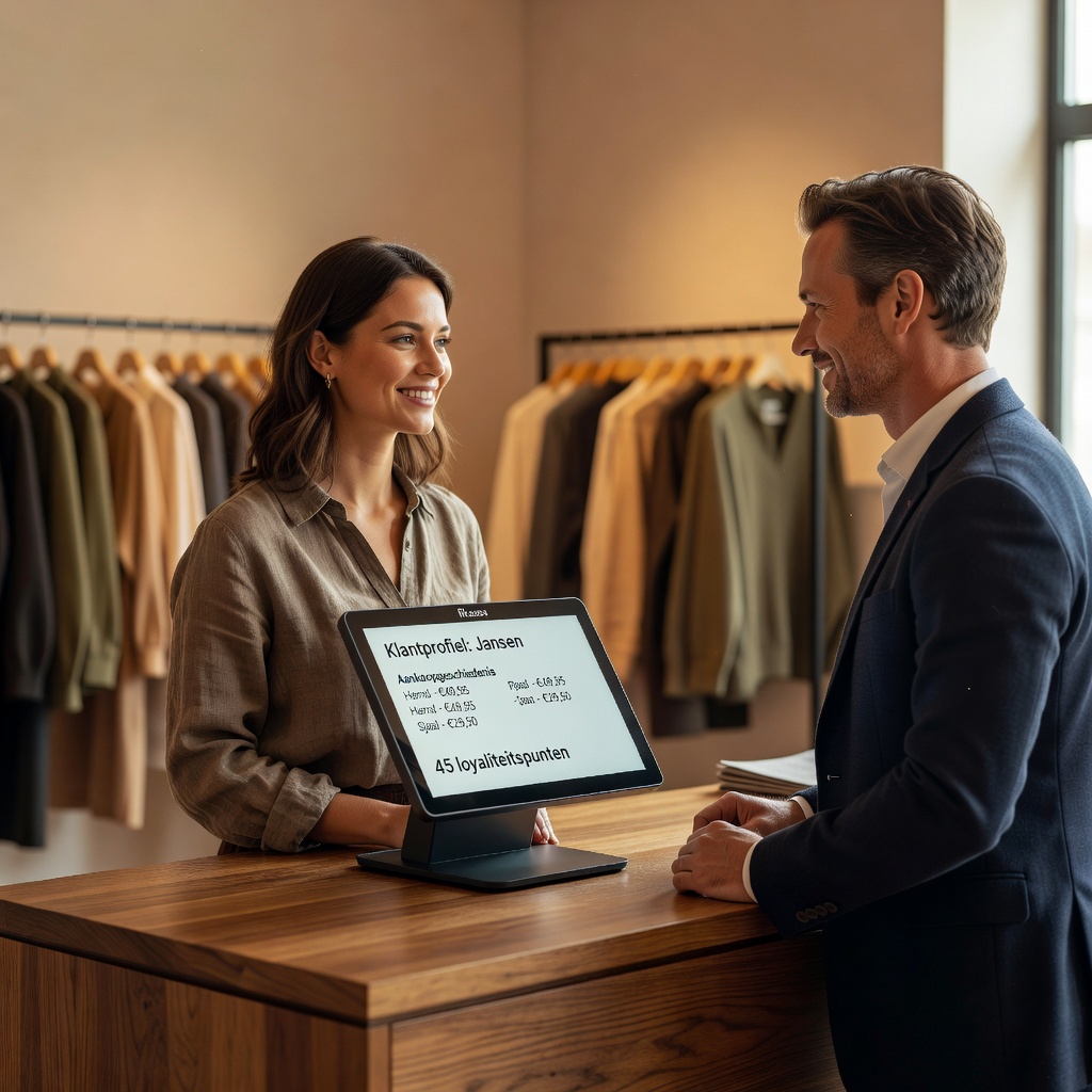 Moderne kassa-interface toont klantprofiel met aankoopgeschiedenis en loyaliteitspunten, professionele retail omgeving met medewerker die persoonlijke service biedt aan terugkerende klant