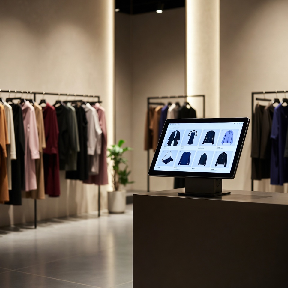 Fashion kassasysteem in kledingwinkel met maat- en kleurenbeheer zichtbaar op touchscreen