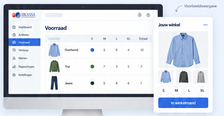 Rkassa kassasysteem met voorraad per maat en kleur, gesynchroniseerd met de webshop